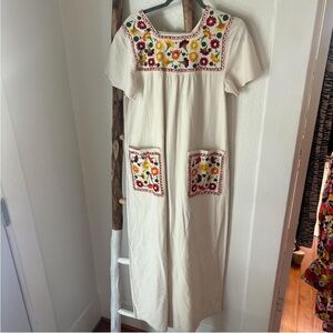 1970s Handmade Embroidered Cotton Mexican Maxi Dress Medium Ivory Orange Brown
